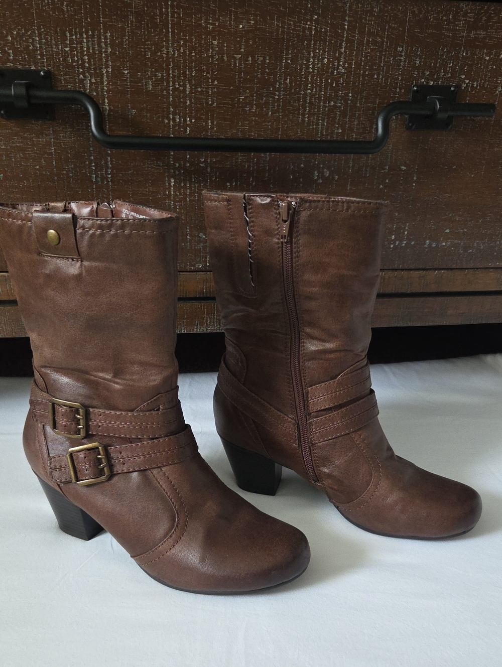 Women’s Brown Mid-Calf Heel Boots with Buckle Detail